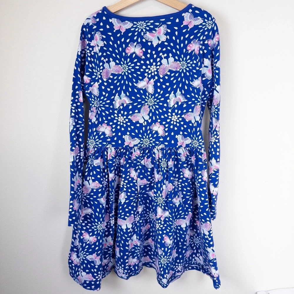 Tea Collection Dress Girls 12 Blue Butterfly Floral Long Sleeve Wrap Neck Cotton